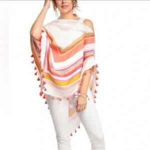 Spartina 449 Striped Linen Blend Poncho With Tassles One Size